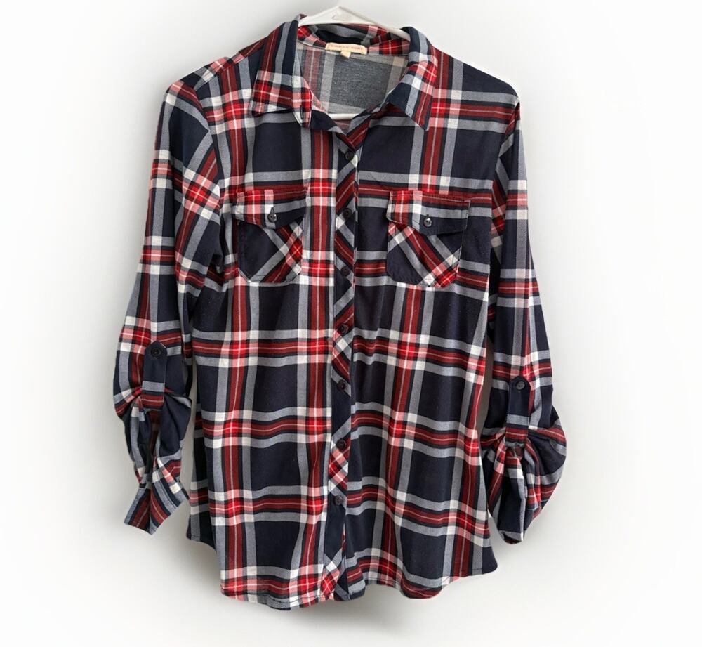 Urban Girl Plaid Button Front Shirt Women’s Medium Red White & Blue Roll Tab
